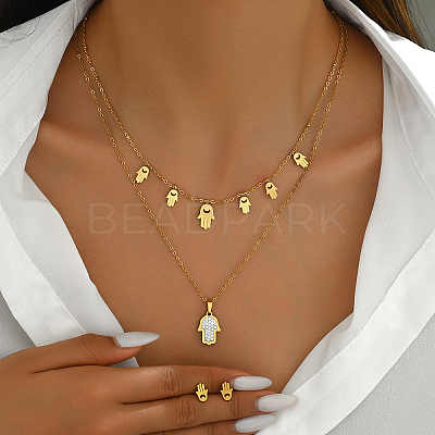 Elegant Vintage Stainless Steel Rhinestone Hamsa Hand Stud Earrings & Double-layer Necklace Sets for Women QF7163-1