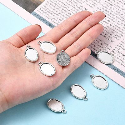 Tibetan Style Antique Silver Alloy Flat Oval Pendant Cabochon Settings X-TIBEP-M022-36AS-1