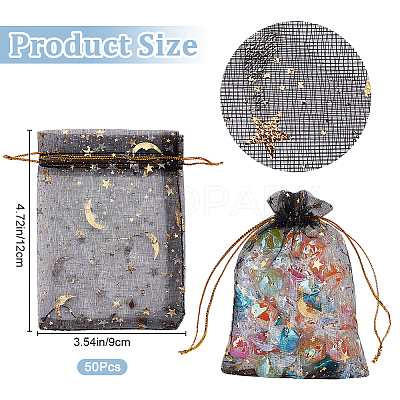 50Pcs Gold Stamping Moon & Star Organza Drawstring Gift Storage Bags OP-BBC0001-03A-02-1