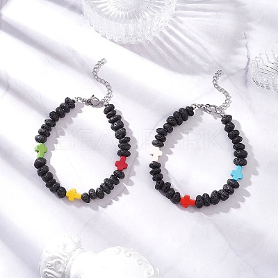 Synthetic Turquoise Cross & Natural Lava Rock Nuggets Beaded Bracelets BJEW-JB12194-1