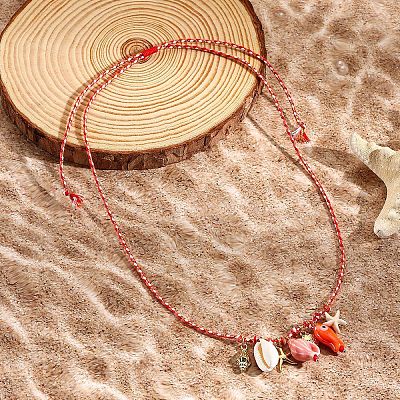 Summer Beach Porcelain Fish & Natural Cowrie Shell Pendant Cotton Cord Adjustable Necklaces FS-WG63638-01-1