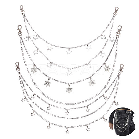 4Pcs 4 Styles Brass & 304 Stainless Steel Double Layer Chains for Jeans Pants with Alloy Star Charms AJEW-GO00009-1