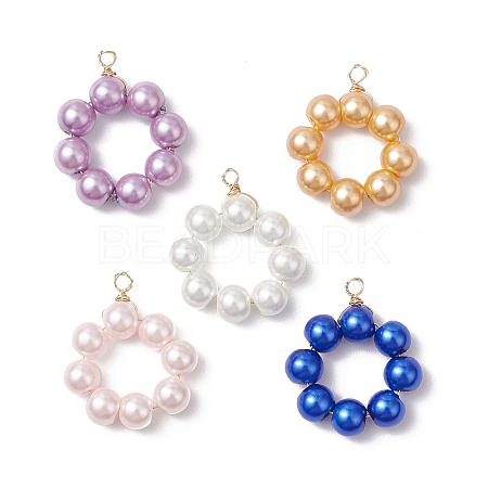 5Pcs 5 Colors Dyed Glass Pearl Round Beaded Pendants PALLOY-JF04162-01-1