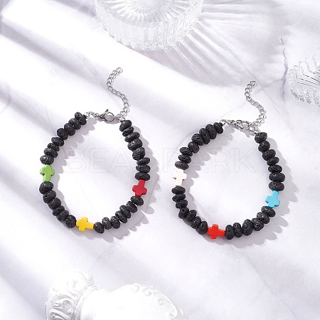 Synthetic Turquoise Cross & Natural Lava Rock Nuggets Beaded Bracelets BJEW-JB12194-1