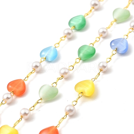 Colorful Cat Eye Heart & Glass Pearl Beaded Chain CHC-G017-10G-1