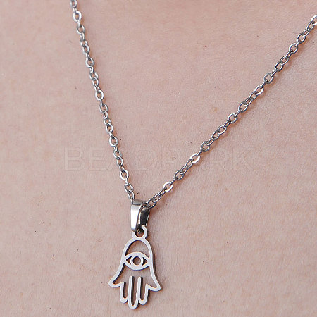 201 Stainless Steel Hamsa Hand with Evil Eye Pendant Necklace NJEW-OY001-18-1