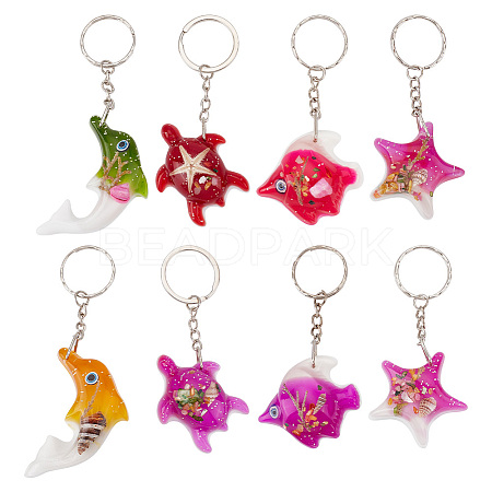 GOMAKERER 8Pcs 4 Styles Sequins Resin Ocean Aniaml Shell Pendant Keychain KEYC-GO0001-03-1