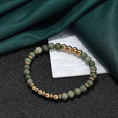Ion Plating(IP) 304 Stainless Steel & Round Jade Beaded Stretch Bracelets for Women Men BJEW-M046-02G-1