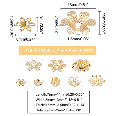 48Pcs 8 Styles Brass Bead Caps KK-PH0003-21G-1
