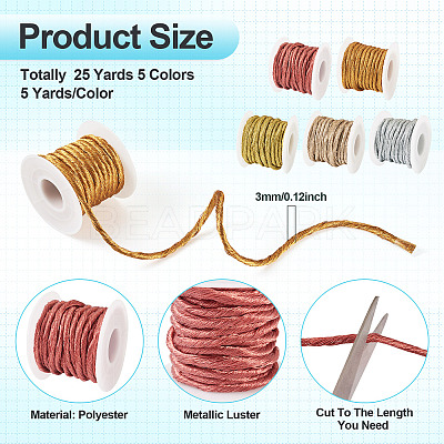 25 Yards 5 Colors Round Polyester Gold Metallic Cord OCOR-TA0002-58-1