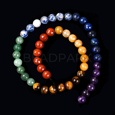 Chakra Theme Natural Red Rainbow Jasper & Yellow Aventurine & Tiger Eye & Green Aventurine & Blue Spot Stone & Lapis Lazuli & Amethyst Beads Strands G-F668-14-8mm-1