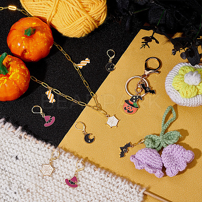 Halloween Theme Alloy Enamel Spider Web/Bat/Wicth Hat Charm Locking Stitch Markers HJEW-PH01708-1