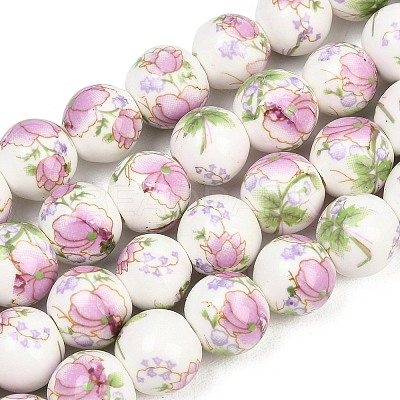 Handmade Flower Printed Porcelain Ceramic Beads Strands PORC-M007-10mm-07-1
