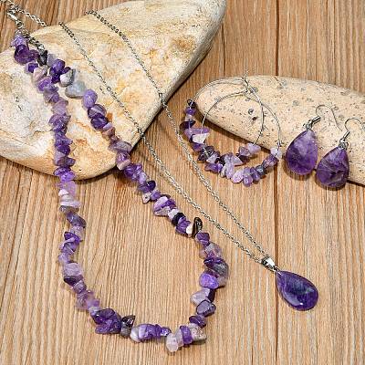 Bohemian Style Natural Amethyst Teardrop Pendant Necklaces & Chip Beaded Necklaces & Hoop Earrings & Dangle Earrings Sets WG11994-01-1