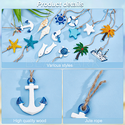 AHADEMAKER 14Pcs 14 Style Mediterranean Style Resin & Shell & Plastic Pendant Decoration HJEW-GA0001-34-1