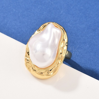 Brass ABS Plastic Pearl Cuff Rings for Women RJEW-L132-02G-1