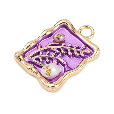 Brass Enamel & Natural Pearl Rectangle with Flower Pendants KK-K351-51G-03-1