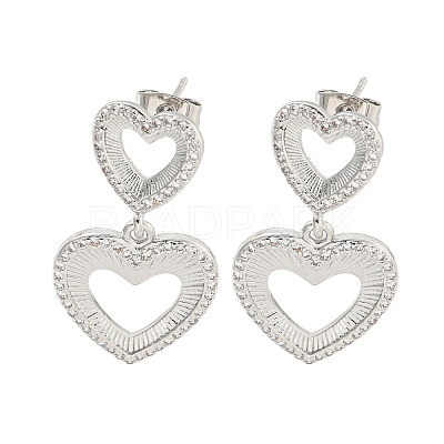 Hollow Heart Brass Pave Clear Cubic Zirconia Dangle Stud Earrings EJEW-M258-26P-1