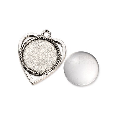 18x4mm Transparent Clear Glass Cabochons and Antique Silver Alloy Heart Pendant Cabochon Settings DIY-X0183-AS-1