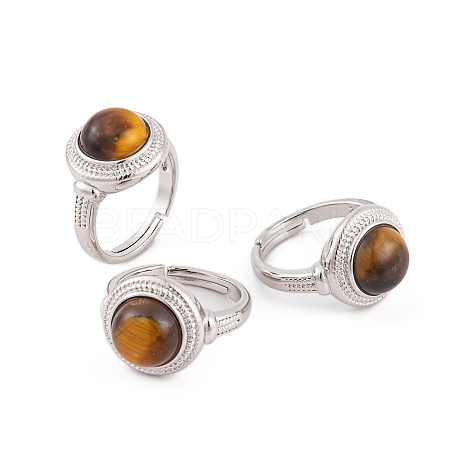 Natural Tiger Eye Round Adjustable Rings RJEW-K271-04P-12-1