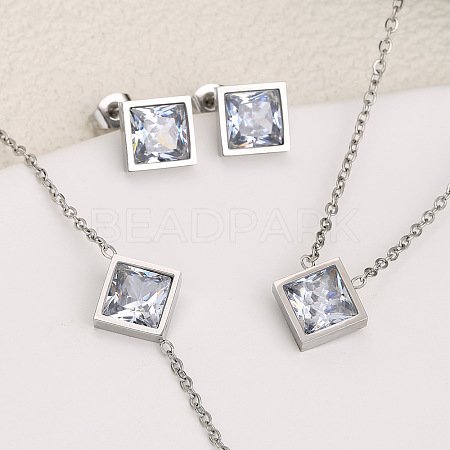 Rhombus 304 Stainless Steel Pave Clear Cubic Zirconia Link Bracelets & Stud Earrings & Pendant Necklaces FS-WG48BD9-02-1