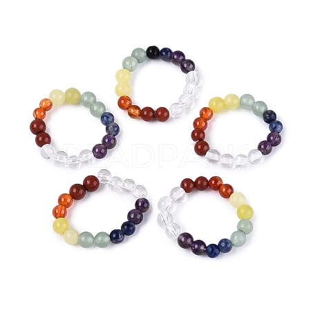 Adjustable Natural Mixed Gemstone Bead Stretch Finger Rings RJEW-N056-01-1