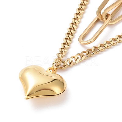 PVD Vacuum Plating 304 Stainless Steel Double Chains Multi Layered Necklace with Heart Charm for Women STAS-E155-24G-1