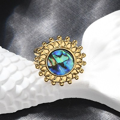 Flat Round 304 Stainless Steel Paua Shell Finger Rings for Women RJEW-G346-08G-01-1