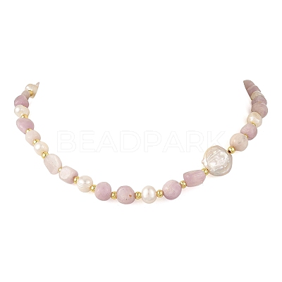 Natural Kunzite Nuggets & Natural Cultured Freshwater Pearl & Keshi Pearl Coin Beaded Bracelets NJEW-JN06574-01-1