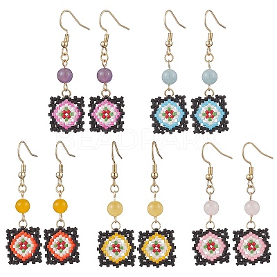 Handmade Glass Seed Beaded Window Lattice Pattern Dangle Earrings EJEW-MZ00560-1