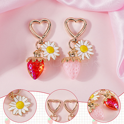 2Pcs 2 Colors Strawberry & Flowers Alloy Enamel & Acrylic Pendant Decoration HJEW-SP0001-13-1