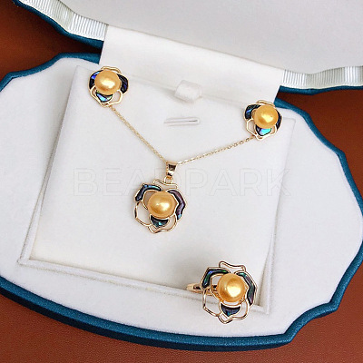Camellia Alloy & Natural Freshwater Pearl & Natural Shell Pendant Necklace & Stud Earring & Ring FS-WG8E162-05-1