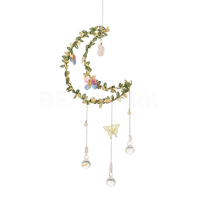 Wire Wrapped Natural Rose Quartz & Brass Moon Pendant Decorations HJEW-K046-08G-04-1