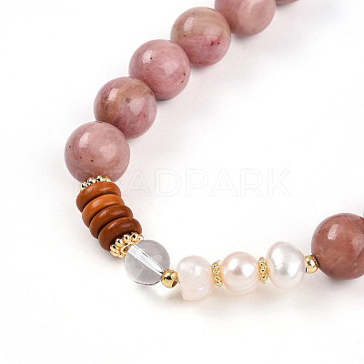 Round Natural Fresh Water Pearl & Red Agate Rhodonite & Quartz Crystal Beaded  Wrap Bracelets for Men Women BJEW-T022-07-1
