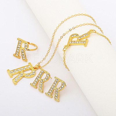 Letter Crown Alloy Rhinestone Pendant Necklaces & Stud Earring & Rings & Bracelet Sets for Women FS-WG4B6BC-01-1