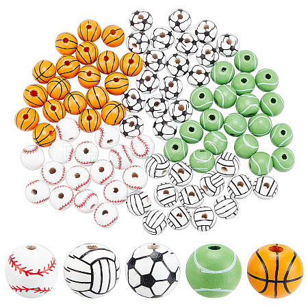 100Pcs 5 Style Painted Natural Wood European Beads WOOD-SC0001-40-1