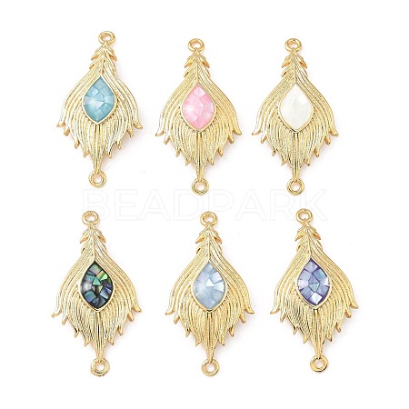 Brass Pave Shell Feather Connector Charms KK-I357-03G-1