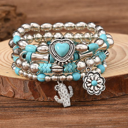 4Pcs 4Pcs Synthetic Turquoise & CCB Beaded Stretch Bracelets FS-WGC8DBE-02-1
