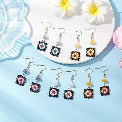 Handmade Glass Seed Beaded Window Lattice Pattern Dangle Earrings EJEW-MZ00560-1