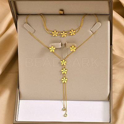Flower Stainless Steel Crystal Rhinestone Lariat Necklaces & Stud Earrings & Bracelets Sets for Women FS-WG939A0-01-1