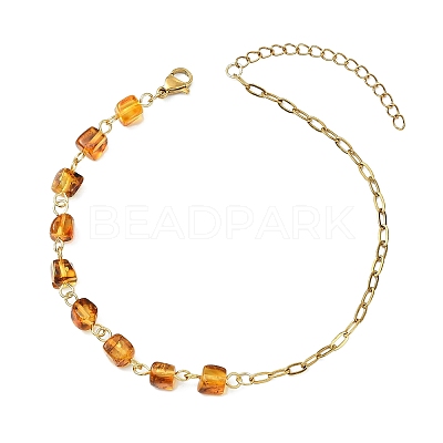 Natural Amber Cube Beads Link Chain & 304 Stainless Steel Paperclip Chain Anklets for Women AJEW-AN00790-1