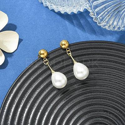 Shell Pearl Beads Dangle Stud Earrings EJEW-JE07034-1