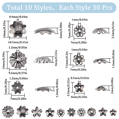 300Pcs 10 Style 304 Stainless Steel Bead Caps STAS-SC0007-93-1