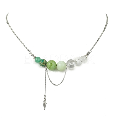 Natural Green Aventurine & Quartz Crystal & Dyed Imperial Jasper & New Jade Round Graduated Beaded Pendant 304 Stainless Steel Cable Chain Necklaces for Women NJEW-TA00242-03-1