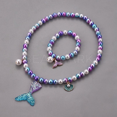 Plastic Imitation Pearl Stretch Bracelets and Necklace Jewelry Sets X-SJEW-JS01053-02-1