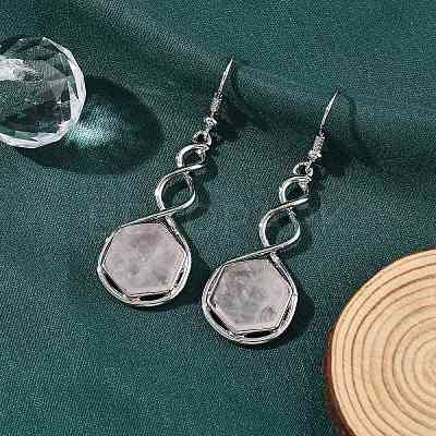 Hexagon Natural Rose Quartz Dangle Earrings EJEW-K298-01P-09-1