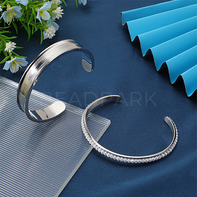 2Pcs 2 Styles C-Shaped 201 Stainless Steel Grooved Cuff Bangles STAS-SC0008-02-1