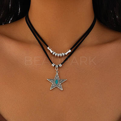 1 Set Alloy Pave Synthetic Turquoise Pendant Double Layer Cord Necklaces NJEW-CL0001-09B-1