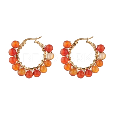 Round Natural Red Agate Wire Wrapped Big Hoop Earrings for Women EJEW-TA00048-01-1