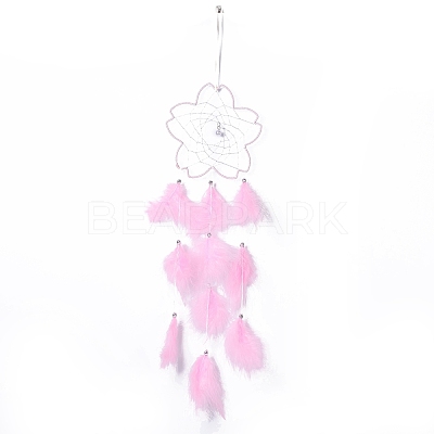 Handmade Flower Woven Net/Web with Feather Wall Hanging Decoration HJEW-A001-03A-1